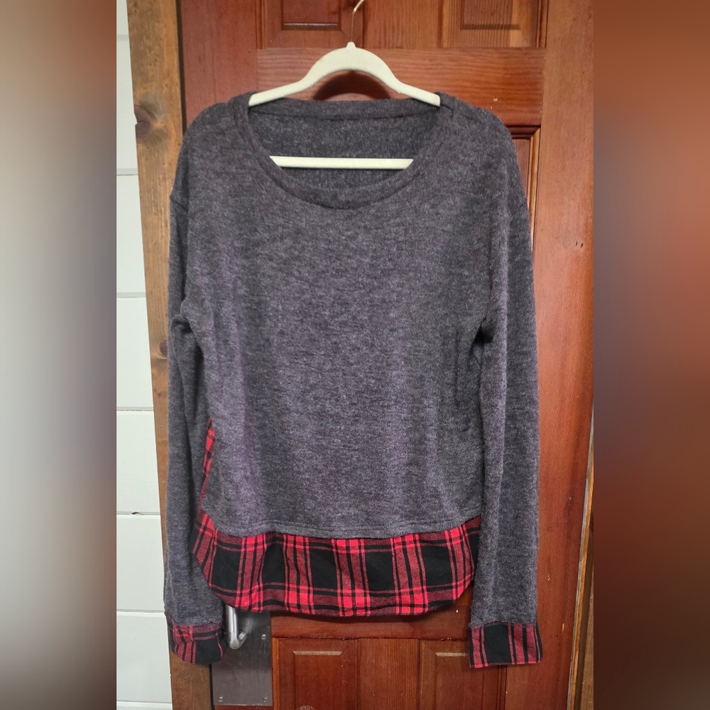 Gray and Red Plaid Long Sleeve Top